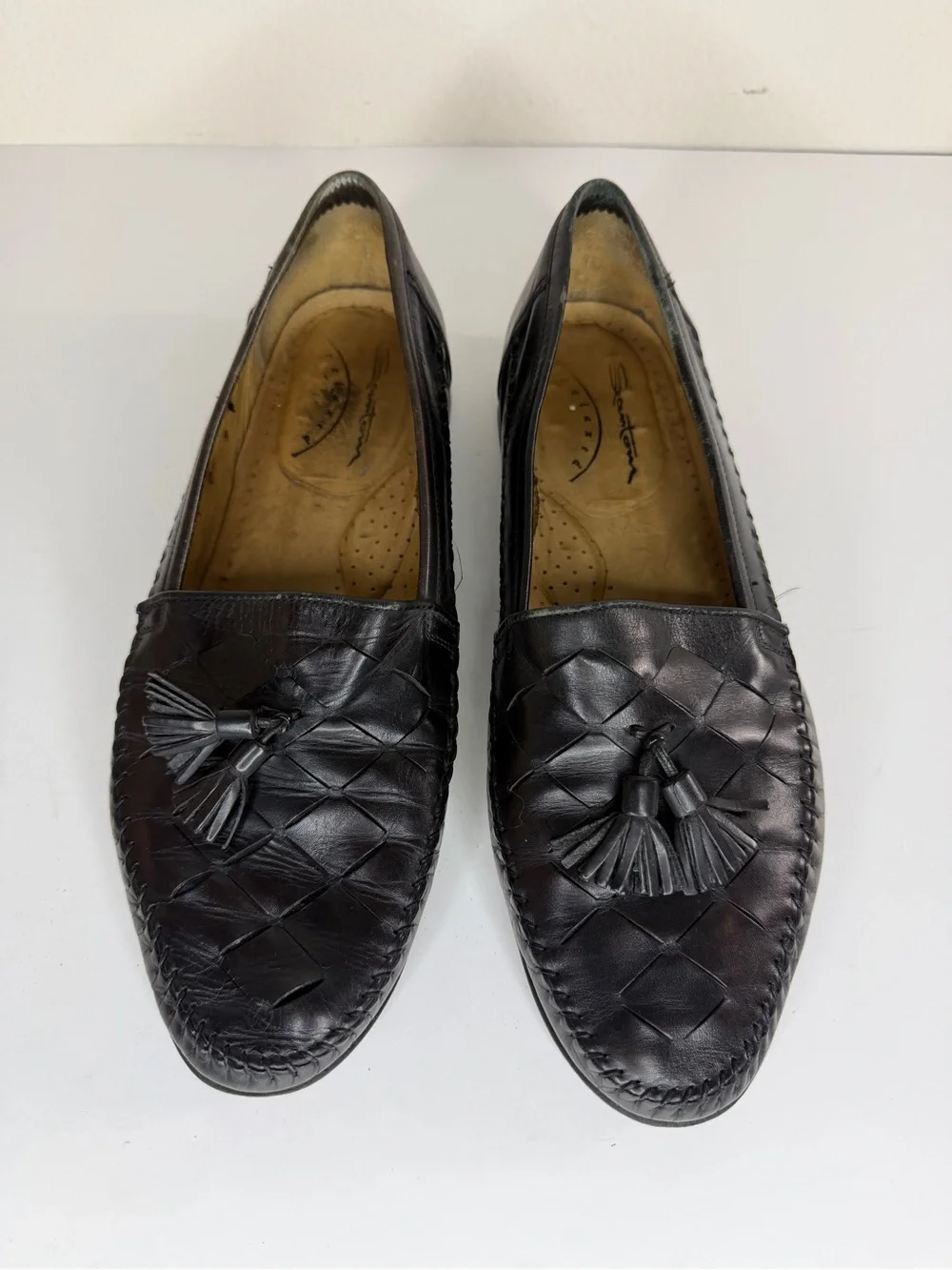 Santoni Black Woven Leather Tassel Loafers Men’s 9D  Made in Italy Handcrafted